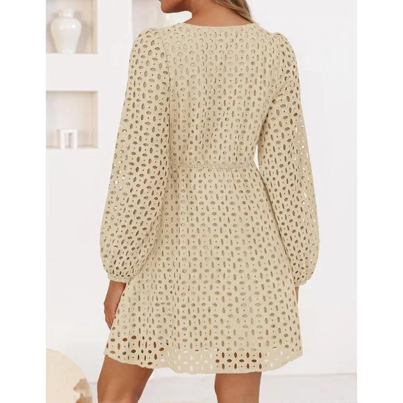 Women's Long Sleeve Mini Dress Viscose Fall Casual Tie Front Eyelet - Picture 5 of 7